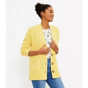 LOFT Womens Relaxed V Neck Cardigan Size Large Butter Yellow Chunky Knit Slouch